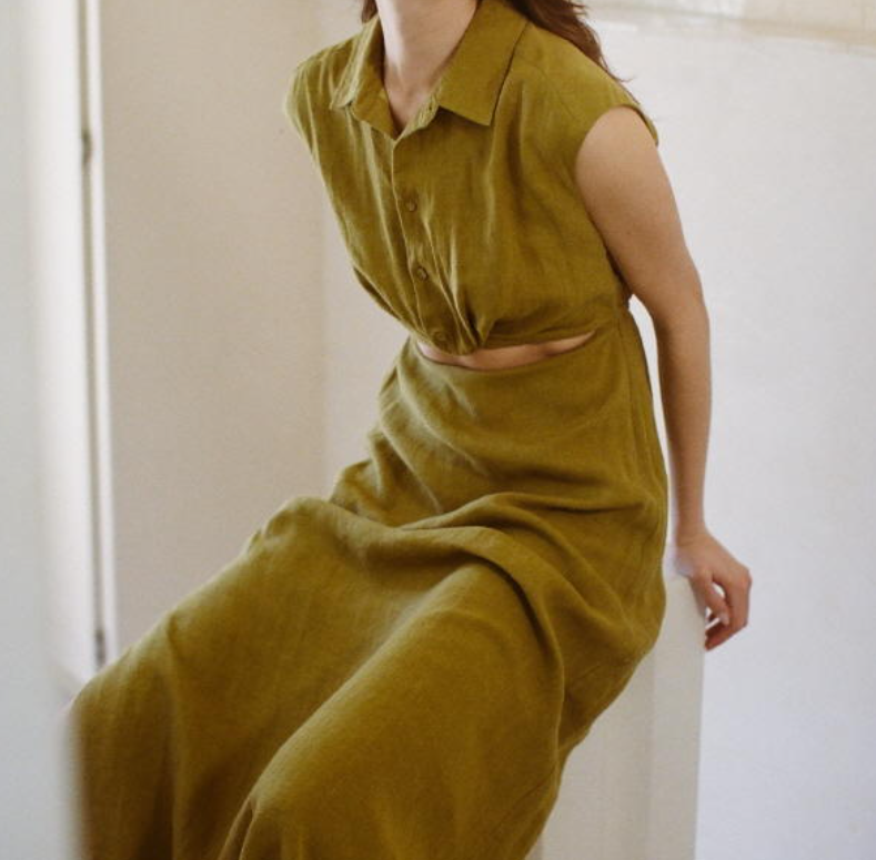 knee length dresses for ladies Olive Linen Cutout Maxi Dress Large