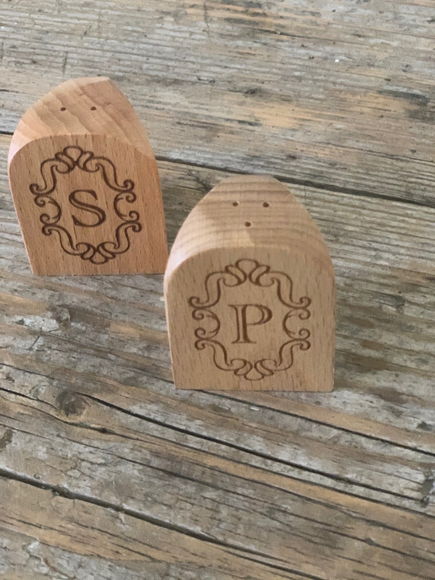 etched beechwood salt and pepper shakers