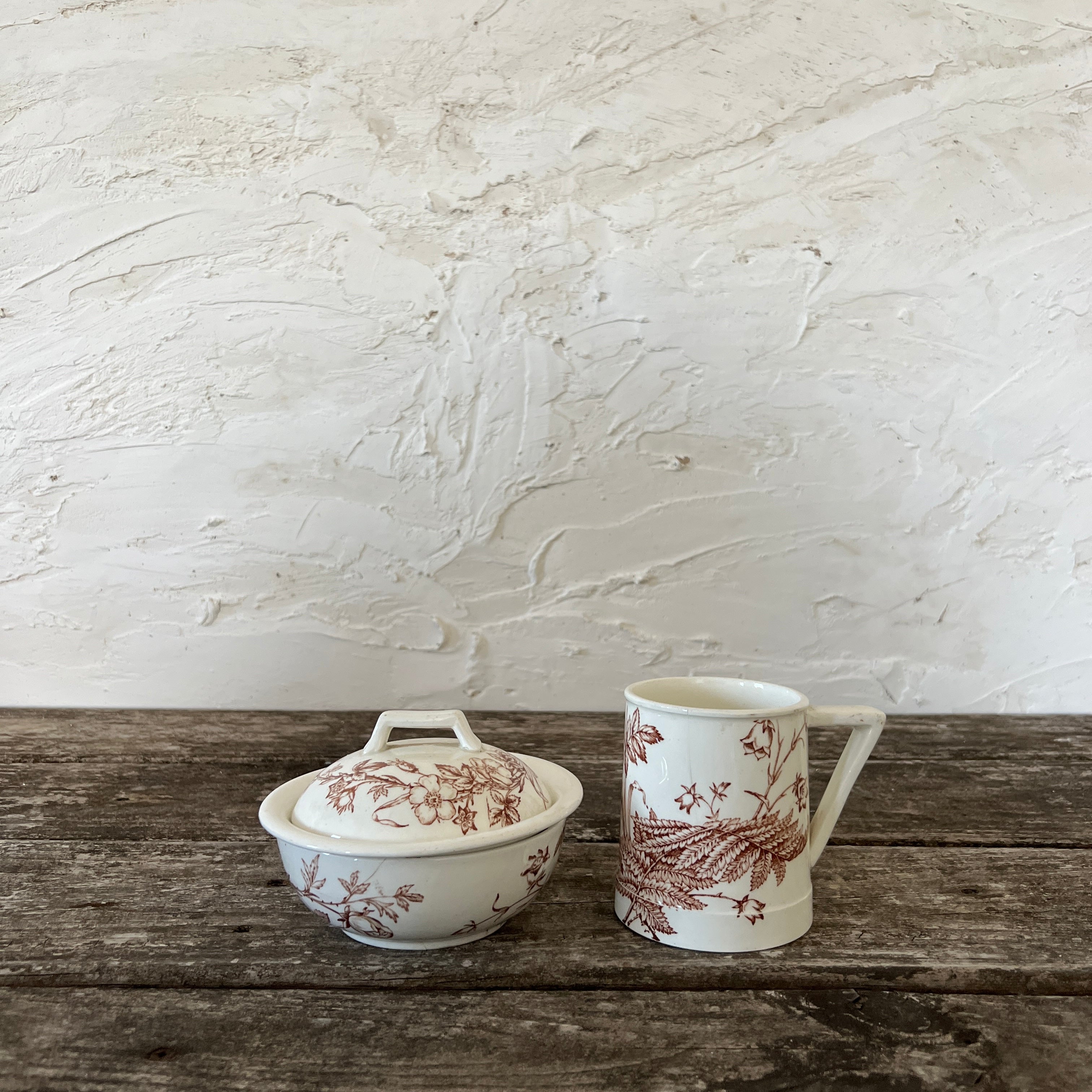 brown transferware vanity set