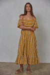 off the shoulder camel printed cotton maxi dress