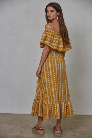 off the shoulder camel printed cotton maxi dress