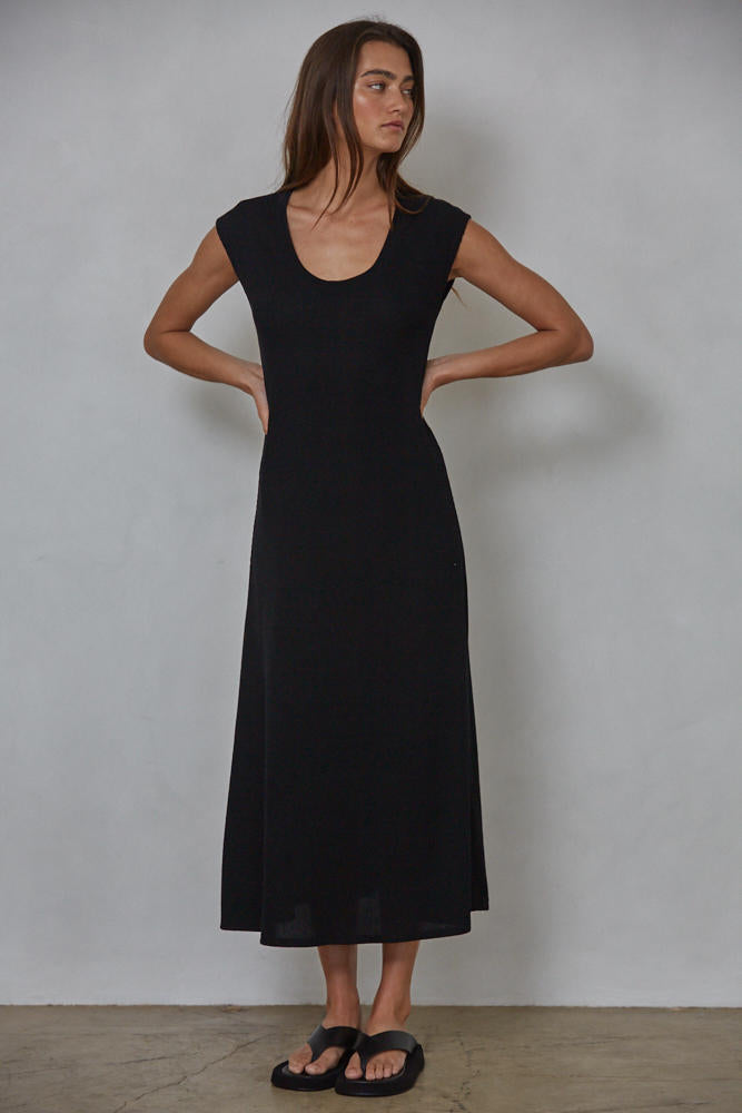 black ribbed cap-sleeve maxi dress