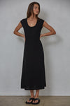 black ribbed cap-sleeve maxi dress