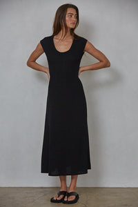black ribbed cap-sleeve maxi dress