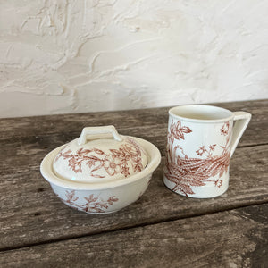 brown transferware vanity set