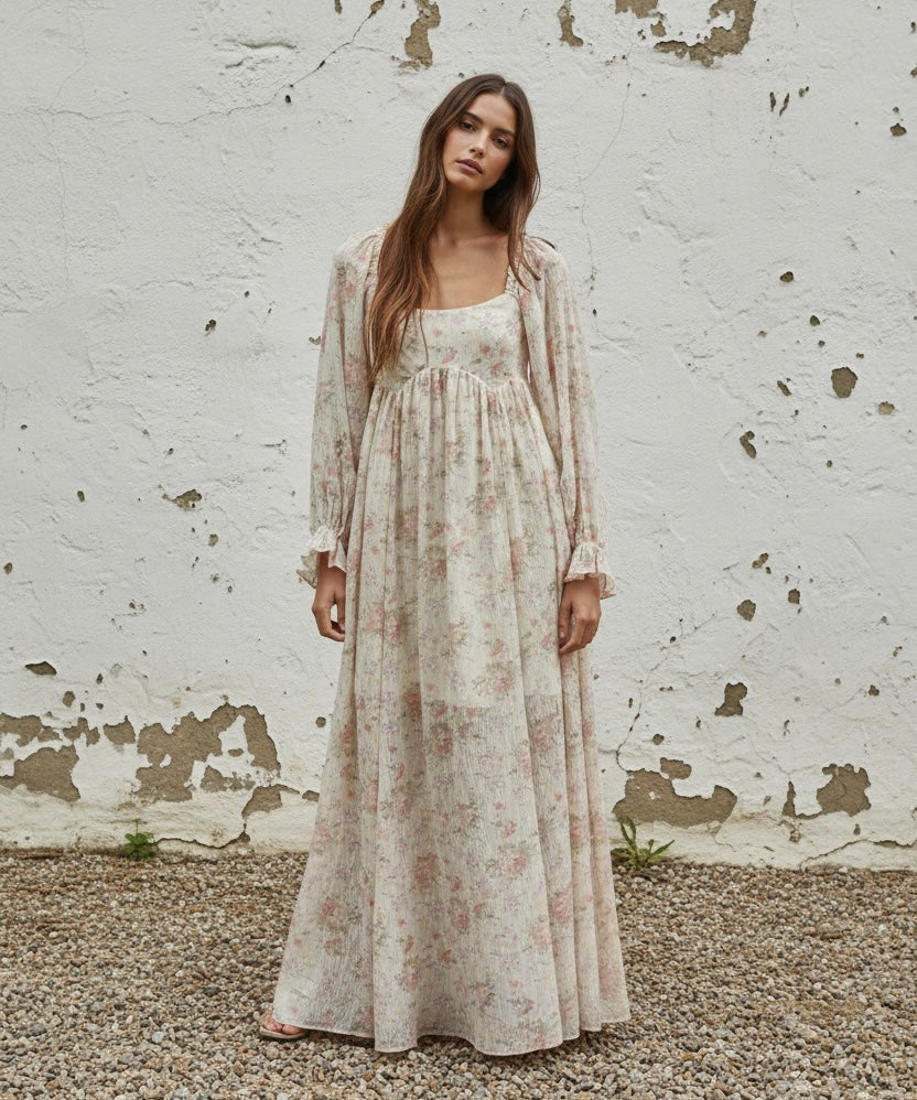 floral chiffon dress long sleeve long-sleeve maxi large House OF CB Persephone accented with self Model Lauren Size:7-11