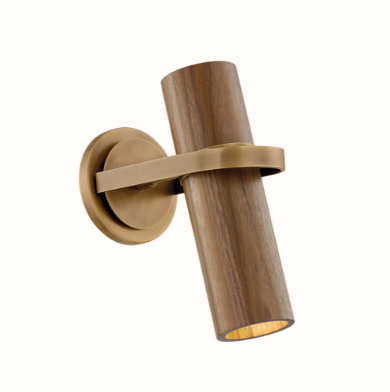 brass and walnut spotlight sconce