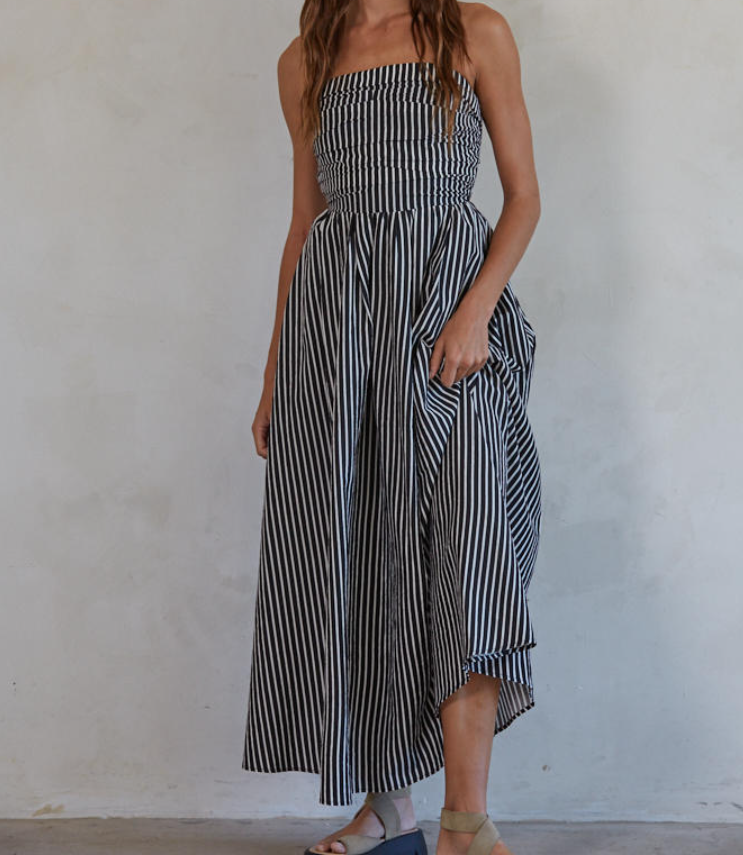 striped midi dress with fitted tube bodice