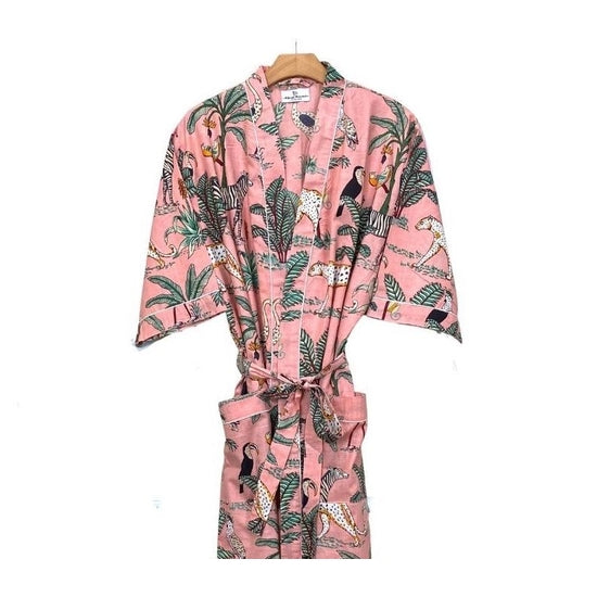 block print pink jungle robe