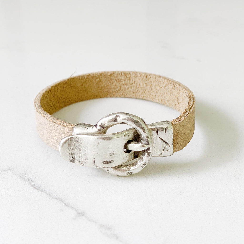 Champagne distressed buckle leather bracelet