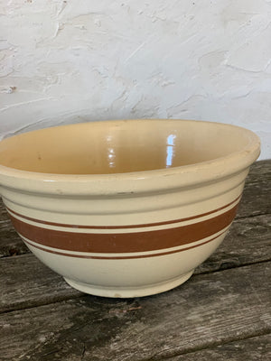 vintage yellow stoneware bowl- warm brown stripe