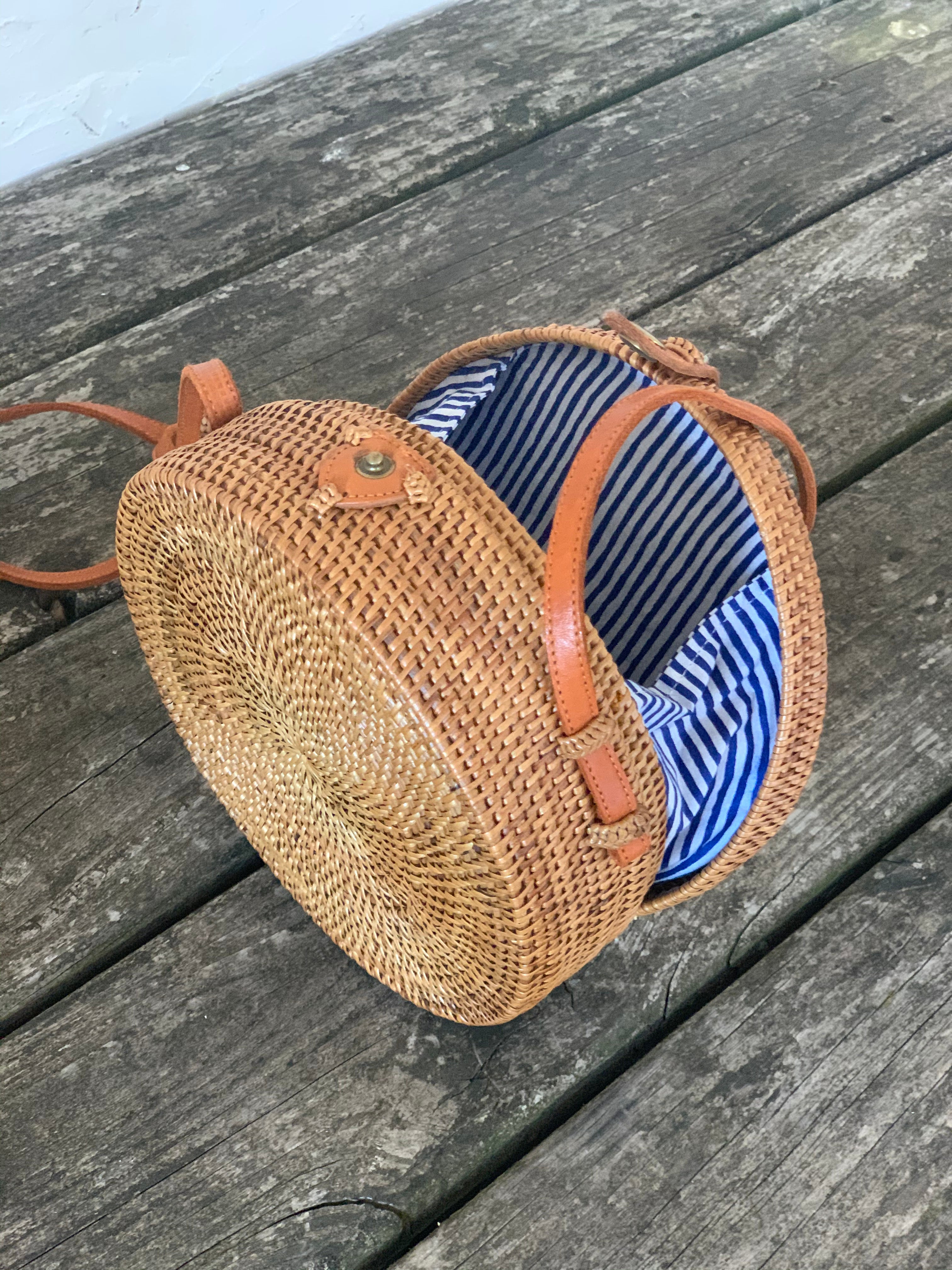 Crossbody Round straw bag Handmade wicker bag dark brown natural Closure |  French Baskets