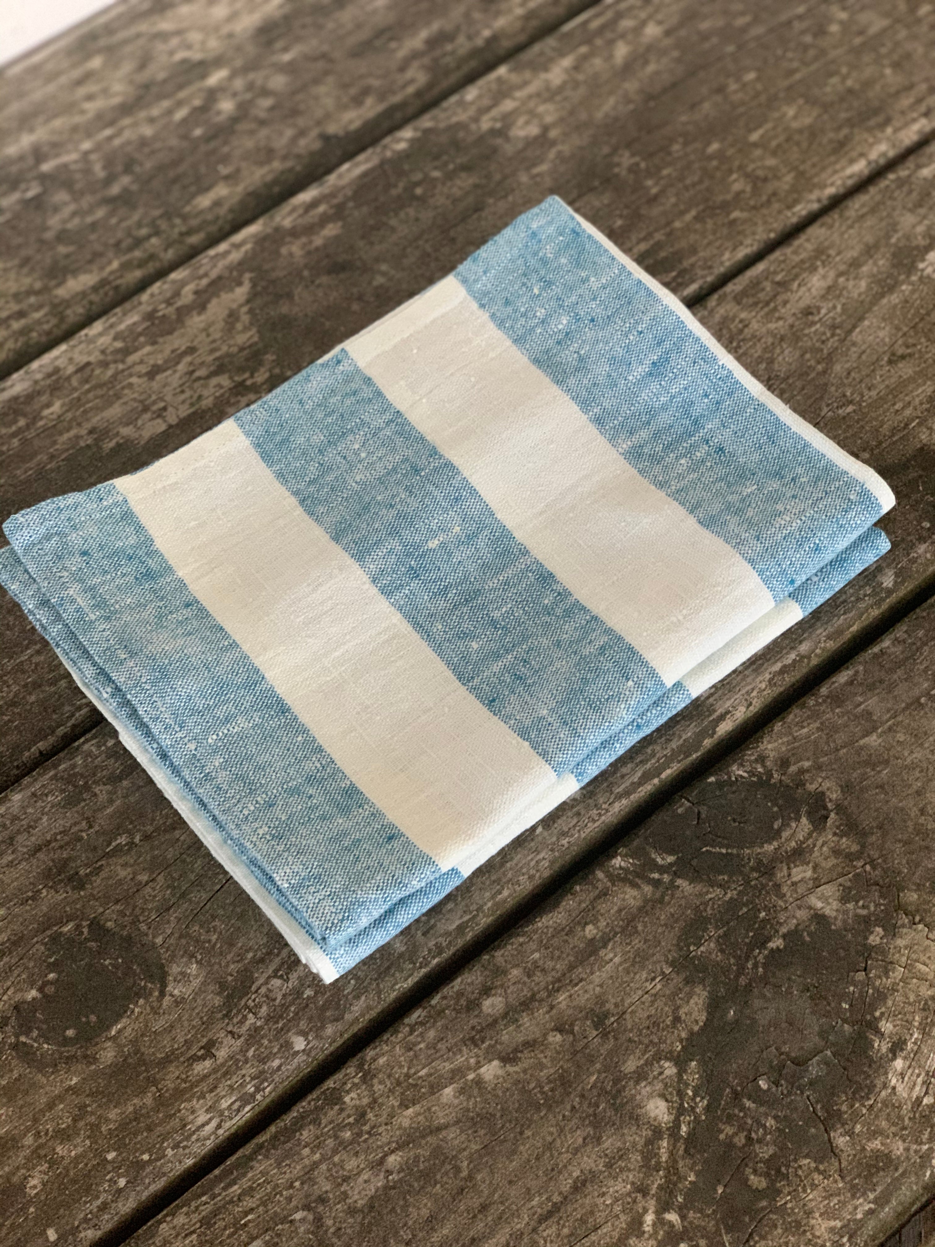 pair of linen hand towels with wide stripes- marine blue – Lauren