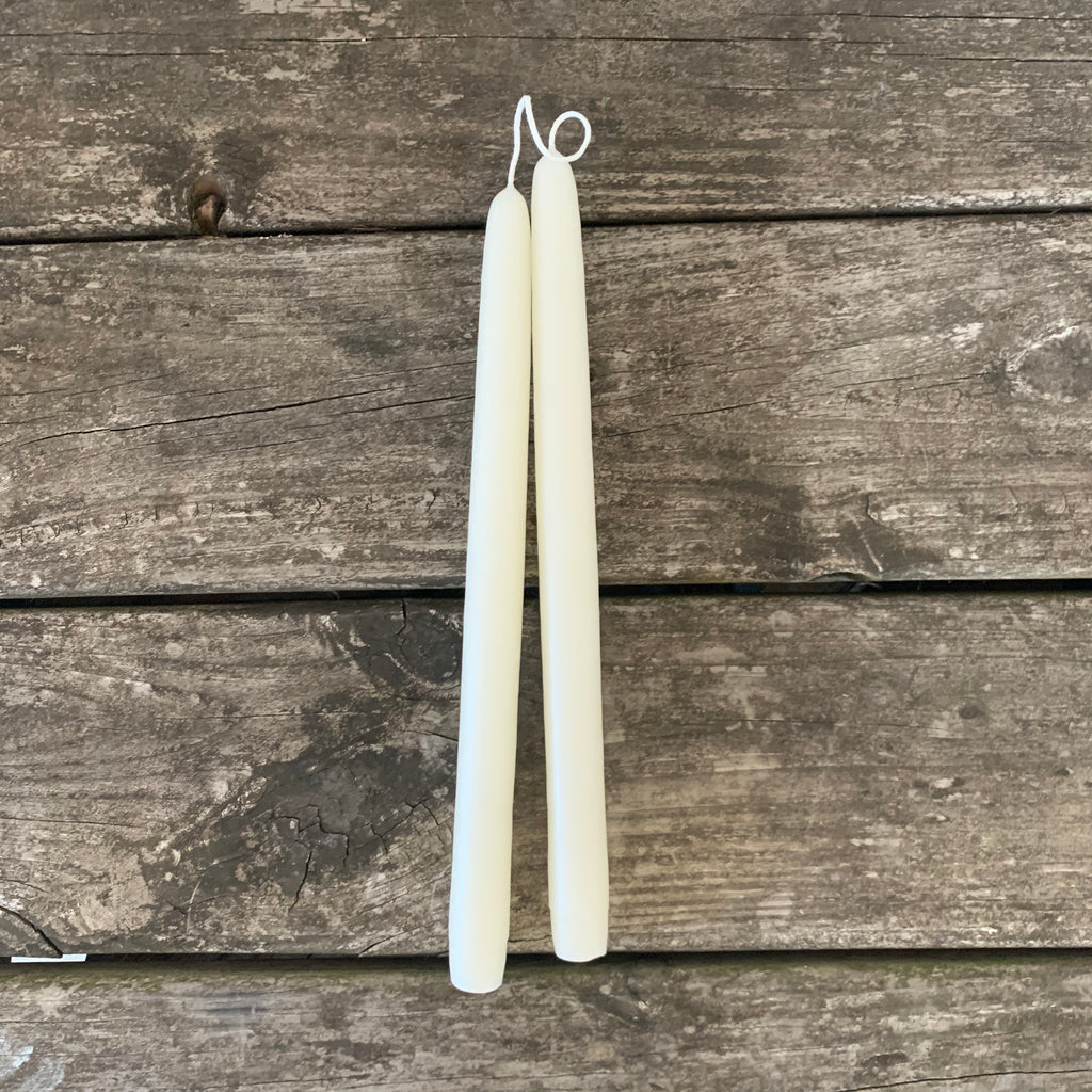the perfect dinner candle- pair of 12" hand-dipped beeswax taper candles- shell white