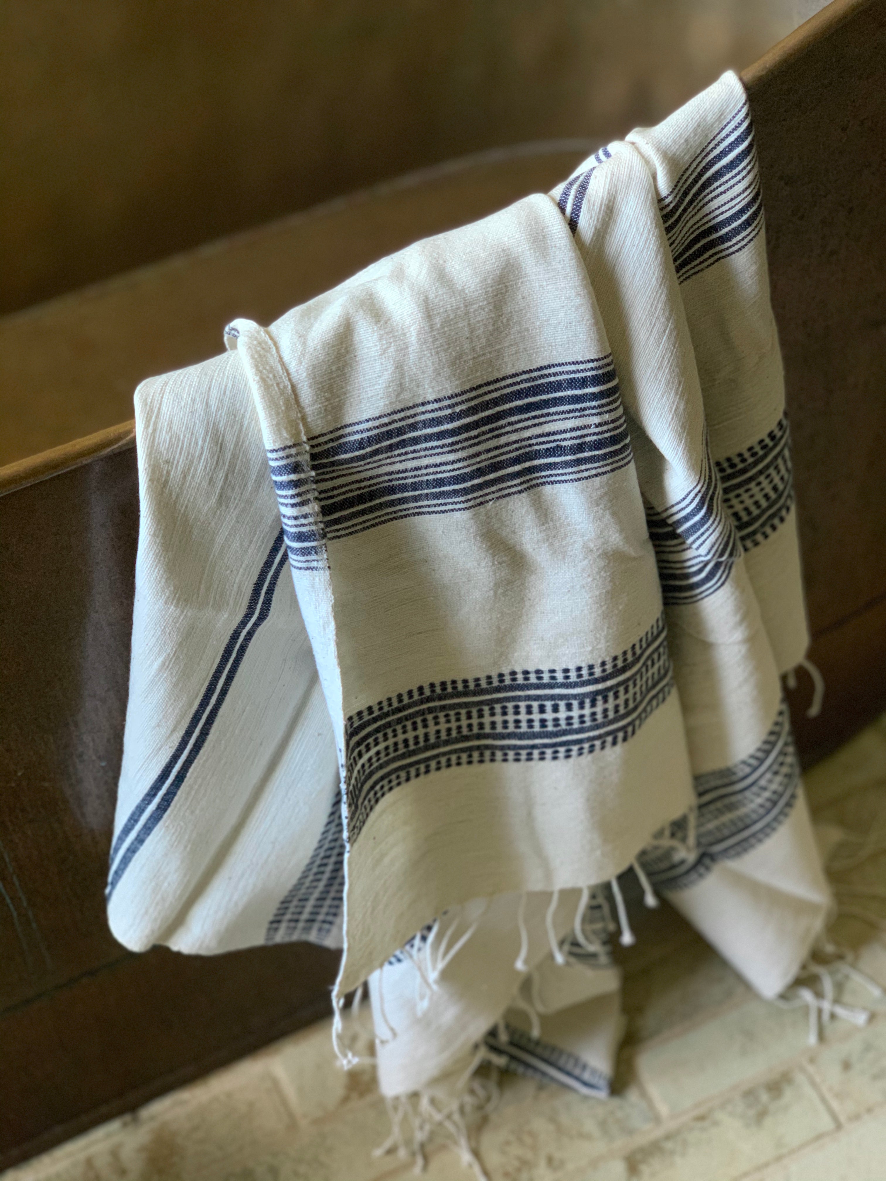 handwoven bath + beach  towel- natural with navy