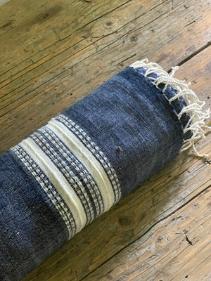handwoven bath + beach towel- navy with natural