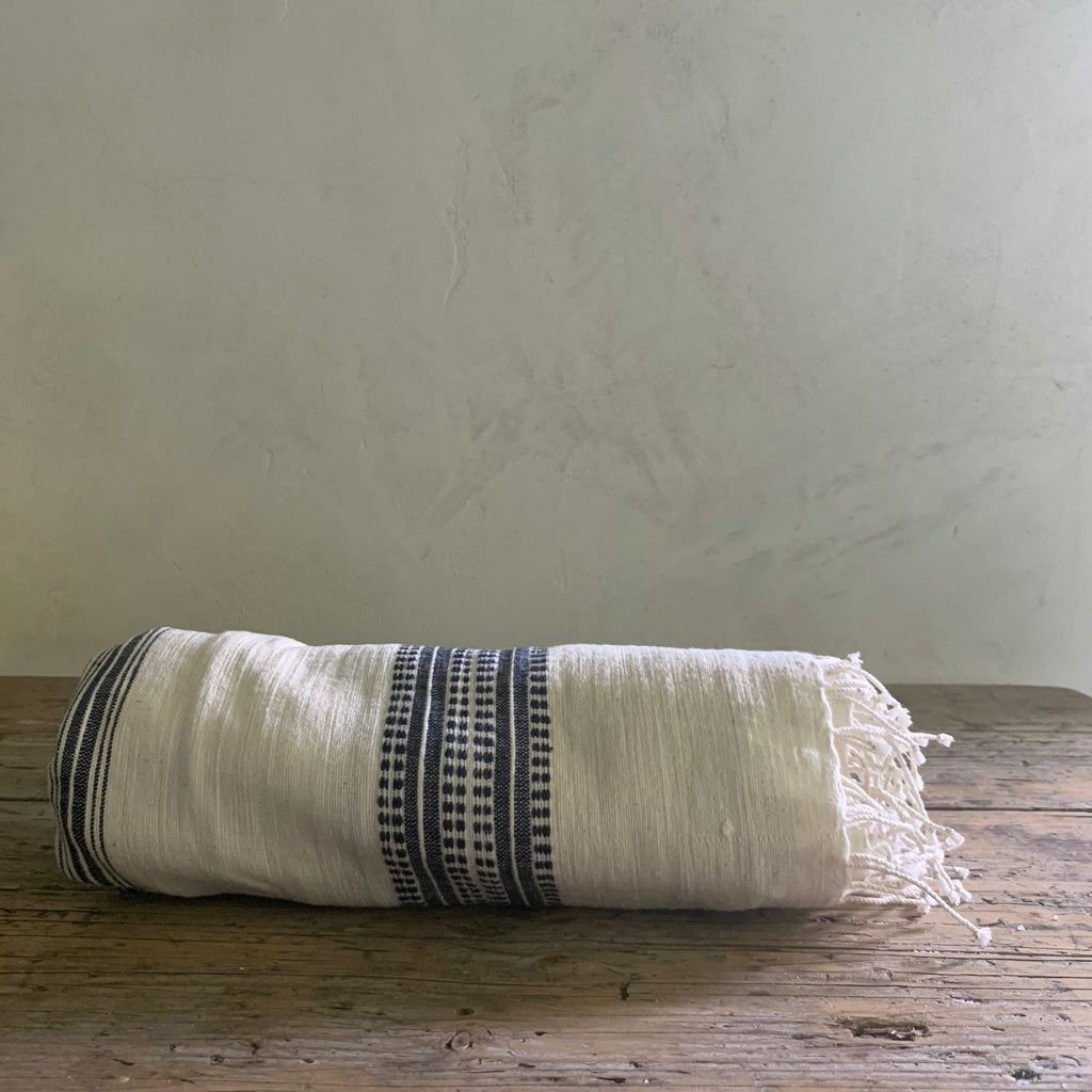 handwoven bath + beach  towel- natural with navy