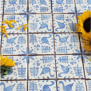 terra 6x6 terracotta tile- love story in cornflower blue