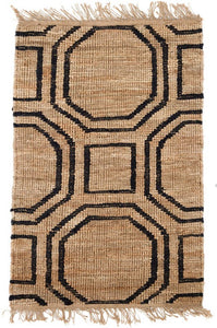 black and natural geometric knotted jute rug
