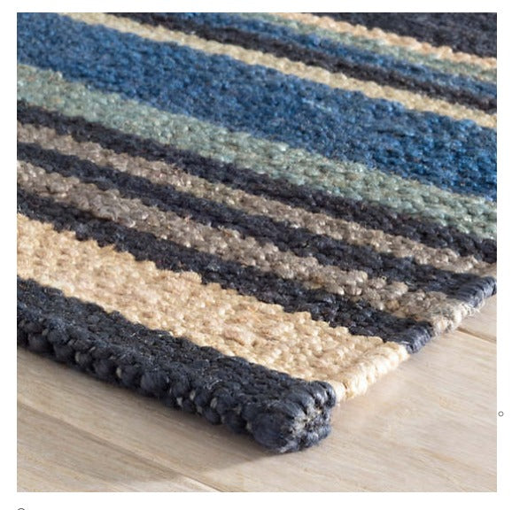blue striped woven jute rug