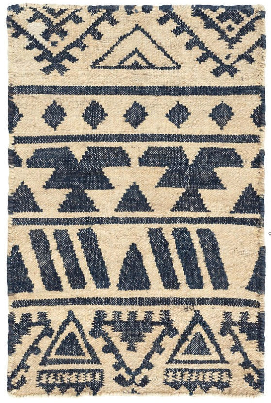 indigo and natural geometric woven jute rug