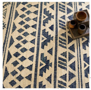 indigo and natural geometric woven jute rug