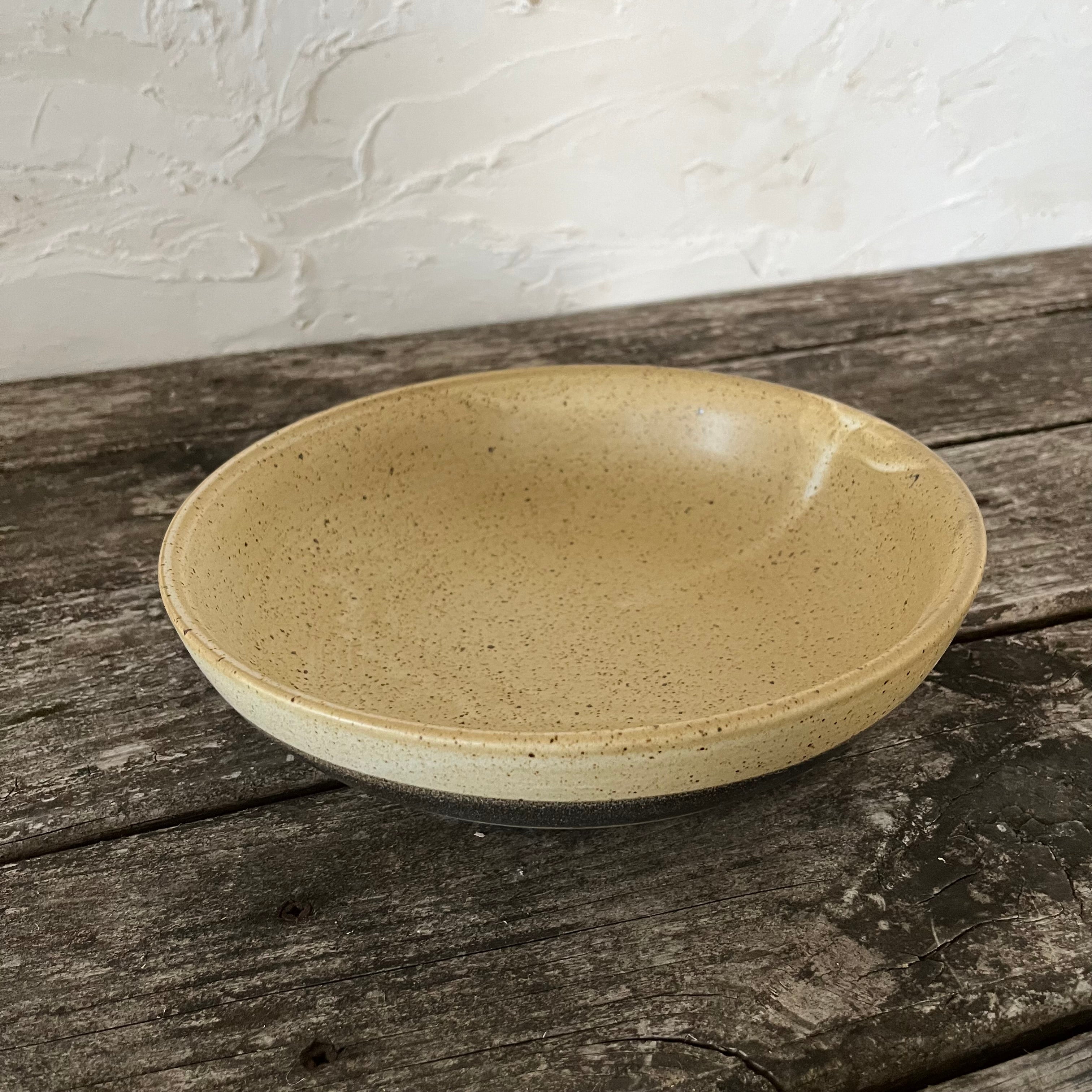 yellow ware serving bowl with brown stripe